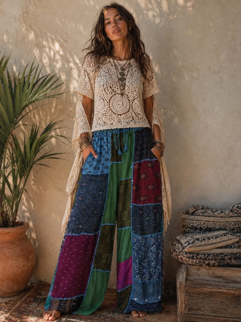 Patchwork pants wide leg stretch pull on M/L boho hippie festival cottage core